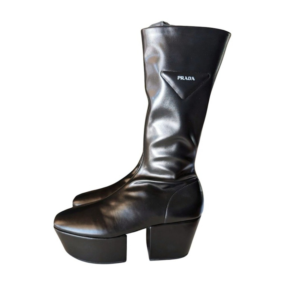 NIB PRADA Black Platform Square Toe Mid Calf Leather Sock Boots Size 39 - Picture 9 of 12